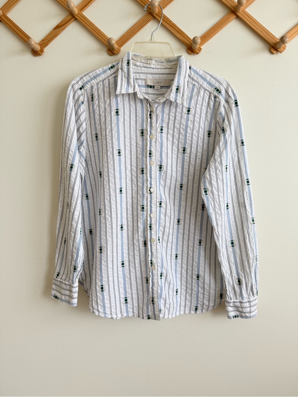 Loft Embroidered Crinkled Button Up Shirt